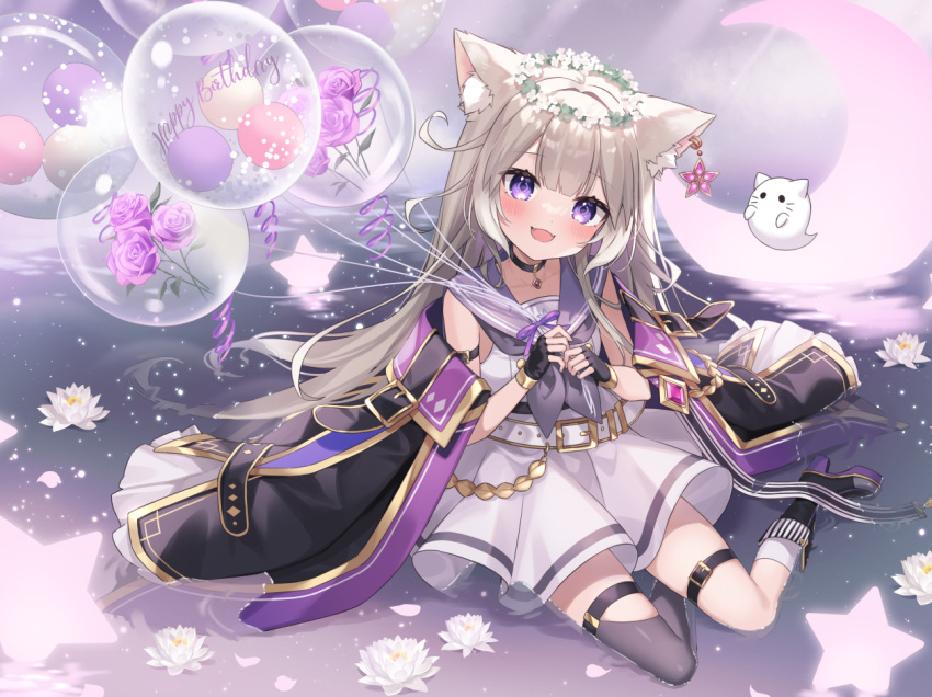 1girl animal_ears balloon belt blush boots cat_ears collar collarbone commentary_request flower flower_wreath happy_birthday jacket long_hair looking_at_viewer neo-porte open_mouth poncho_(31103105) simple_background sleeveless solo thigh-highs violet_eyes virtual_youtuber water yozuna_niu