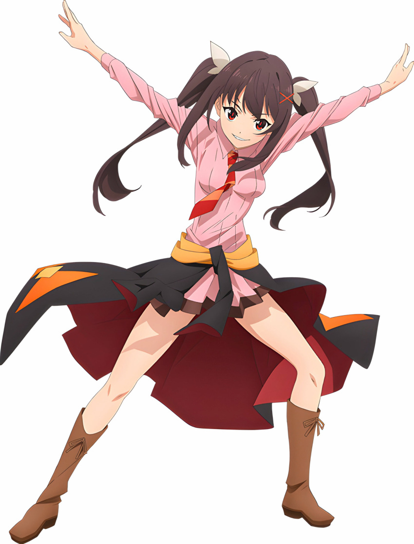 1girl absurdres artist_request black_cloak black_hair boots breasts brown_footwear cloak clothes_around_waist diagonal-striped_necktie dress floating_clothes floating_necktie full_body funifura hair_ornament hair_ribbon hands_up highres knee_boots kono_subarashii_sekai_ni_bakuen_wo! kono_subarashii_sekai_ni_shukufuku_wo! leaning_to_the_side long_hair looking_at_viewer medium_breasts necktie official_art orange_necktie outstretched_arms parted_lips pink_dress promotional_art red_cloak red_eyes red_necktie red_pupils red_ribbon ribbon school_uniform short_dress sidelocks simple_background smile solo spread_legs tachi-e third-party_source twintails two-sided_fabric two-tone_cloak v-shaped_eyebrows very_long_hair white_background white_ribbon x_hair_ornament