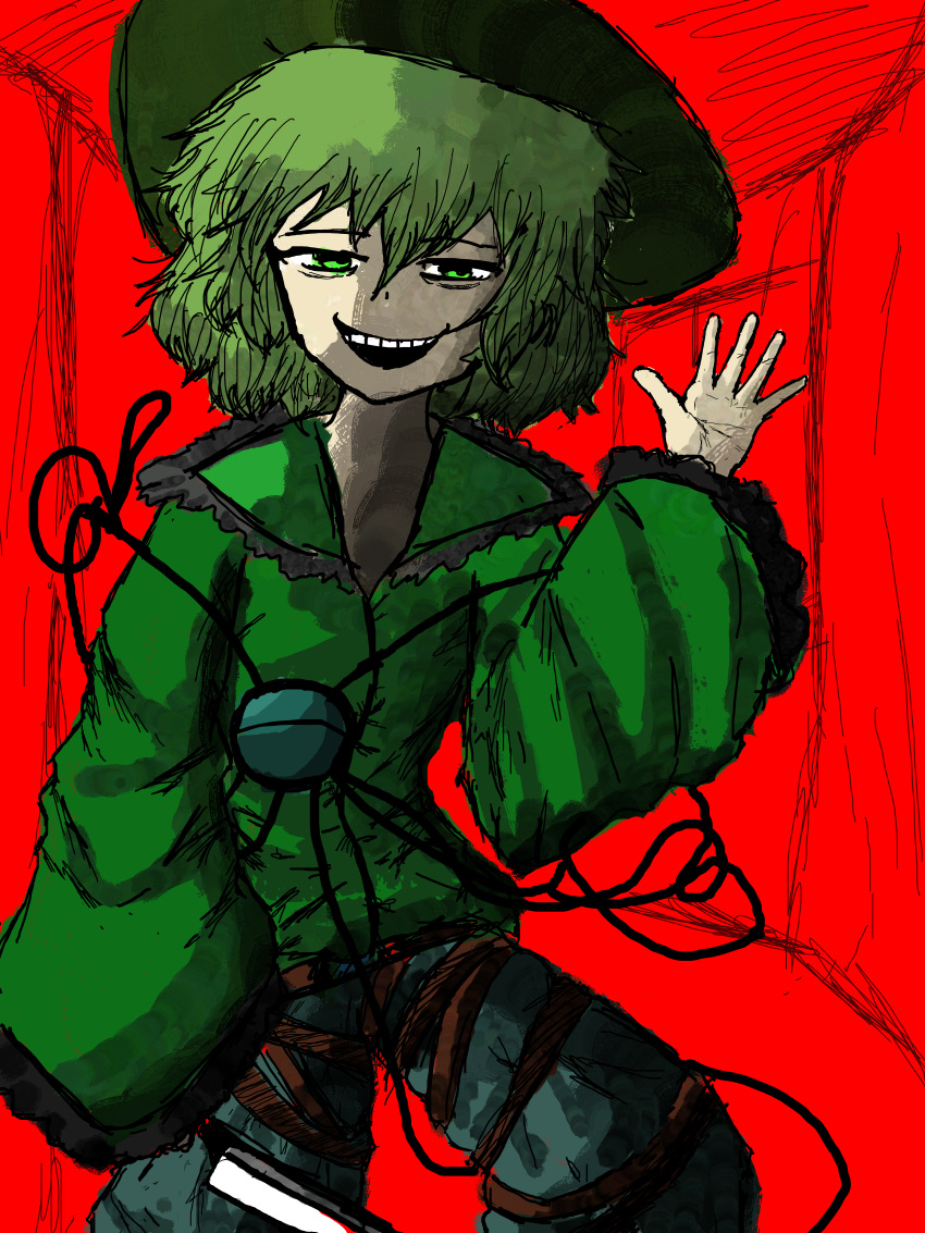 absurdres bags_under_eyes belt crazy_smile flat_chest green_eyes green_hair green_shirt hand_up hat highres holding holding_knife knife komeiji_koishi messy_hair pants red_background shirt short_hair slouching teeth tomino's_hell touhou upper_body upper_teeth_only