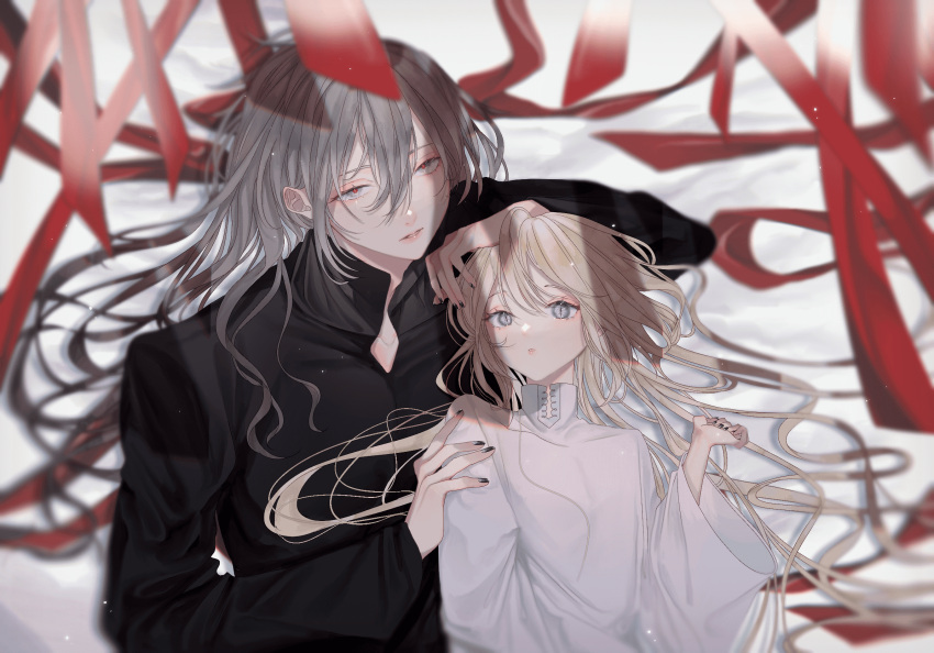 1boy 1girl age_difference bishounen black_nails black_robe blonde_hair couple grey_eyes grey_hair hair_between_eyes hand_on_another's_arm hand_on_another's_head hetero highres long_hair long_sleeves looking_at_another lying msa_(fary_white) on_back original parted_lips red_ribbon ribbon robe slit_pupils wavy_hair white_robe