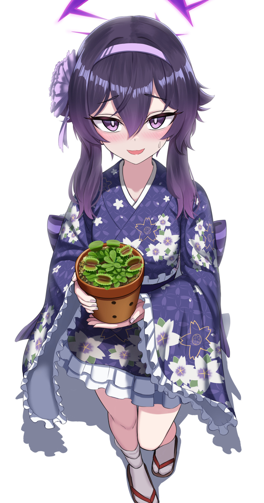 1girl absurdres bad_id bad_twitter_id blue_archive blush floral_print flower_pot frilled_kimono frills geta hair_between_eyes hairband halo haruka_(blue_archive) haruka_(new_year)_(blue_archive) highres holding_flower_pot japanese_clothes kimono long_hair long_sleeves looking_at_viewer official_alternate_costume open_mouth plant potted_plant purple_hair purple_hairband purple_kimono simple_background smile solo standing tabi venus_flytrap violet_eyes white_background wide_sleeves yakob_labo