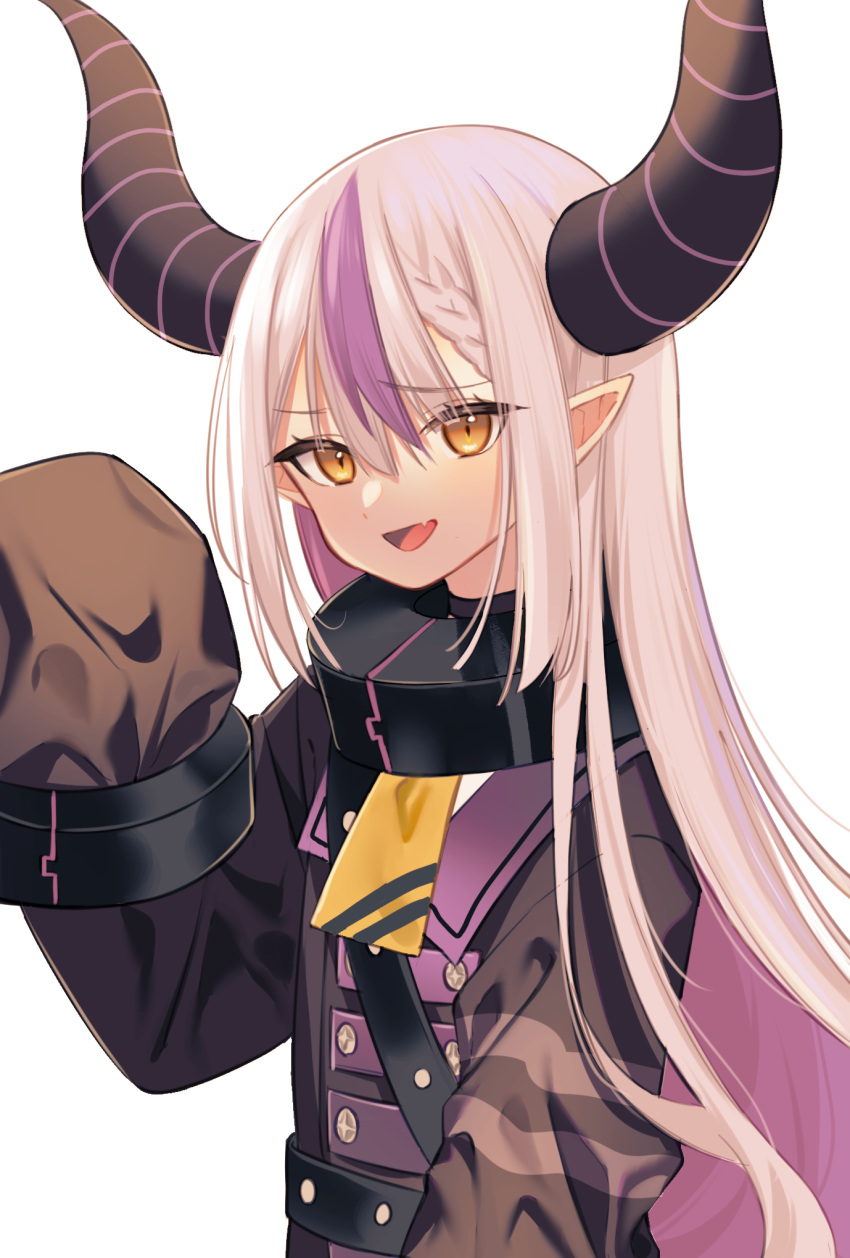 1girl ascot braid collar demon_girl demon_horns fang hair_between_eyes hand_up highres hololive horns la+_darknesss long_sleeves metal_collar multicolored_hair open_mouth pointy_ears sanuki_you side_braid skin_fang sleeves_past_wrists slit_pupils smile solo streaked_hair striped_horns upper_body virtual_youtuber white_background white_hair yellow_ascot yellow_eyes