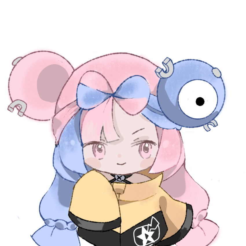 1girl blue_hair bow-shaped_hair character_hair_ornament grey_footwear grey_pantyhose hair_ornament hexagon_print highres iono_(pokemon) jacket long_hair looking_at_viewer low-tied_long_hair low_twintails magnemite multicolored_hair open_mouth oversized_clothes pantyhose pink_eyes pink_hair pokemon pokemon_(game) pokemon_sv sharp_teeth shirt single_thighhigh sleeveless sleeveless_shirt sleeves_past_fingers sleeves_past_wrists smile solo teeth thigh-highs transparent_background twintails two-tone_hair upper_body user_hrgx8448 very_long_hair very_long_sleeves yellow_jacket