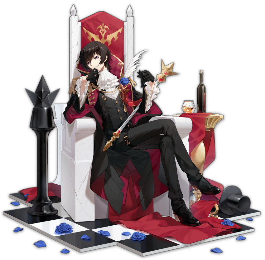 1boy artist_request black_footwear black_gloves blue_flower blue_rose bottle brown_hair cape chess_piece code_geass flower glass gloves highres holding holding_chess_piece holding_scepter king_(chess) lelouch_vi_britannia looking_at_viewer mahjong_soul male_focus official_art pants petals rose scepter short_hair sitting solo table throne transparent_background violet_eyes