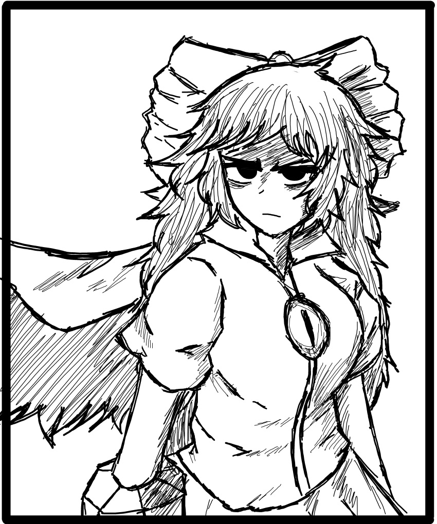 1girl absurdres arm_cannon bags_under_eyes bird_wings black_border border bow breasts cape closed_mouth collared_shirt cowboy_shot feathered_wings glaring greyscale hair_bow highres long_hair looking_at_viewer medium_breasts monochrome reiuji_utsuho shaded_face shirt short_sleeves simple_background skirt third_eye third_eye_on_chest tomino's_hell touhou weapon wings