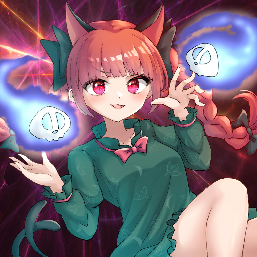 1girl :d animal_ears blunt_bangs blush braid breasts cat_ears cat_tail collarbone dark_background dress extra_ears green_dress hair_ribbon hands_up highres hitodama kaenbyou_rin knees_up long_hair medium_breasts mochizuki_hull multiple_tails nekomata pink_eyes redhead ribbon simple_background slit_pupils smile solo tail touhou tress_ribbon twin_braids two_tails v-shaped_eyebrows