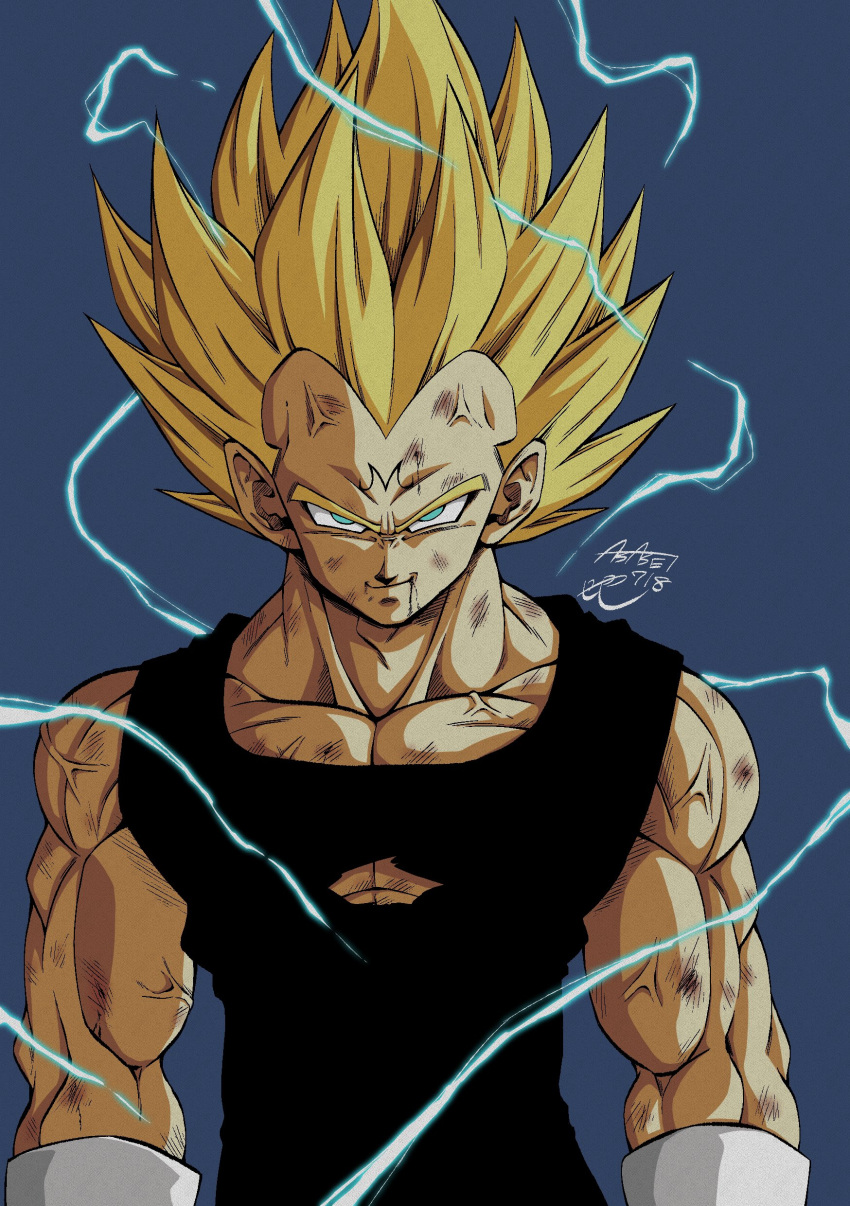 1boy absurdres artist_name biceps black_bodysuit blonde_hair blue_background bodysuit closed_mouth collarbone commentary_request dragon_ball dragon_ball_z electricity energy gloves green_eyes highres looking_at_viewer male_focus muscular muscular_male pectorals scratches seya_(asasei_718) signature simple_background sleeveless sleeveless_bodysuit smile smirk solo spiky_hair super_saiyan super_saiyan_1 torn_bodysuit torn_clothes upper_body v-shaped_eyebrows vegeta veins white_gloves widow's_peak