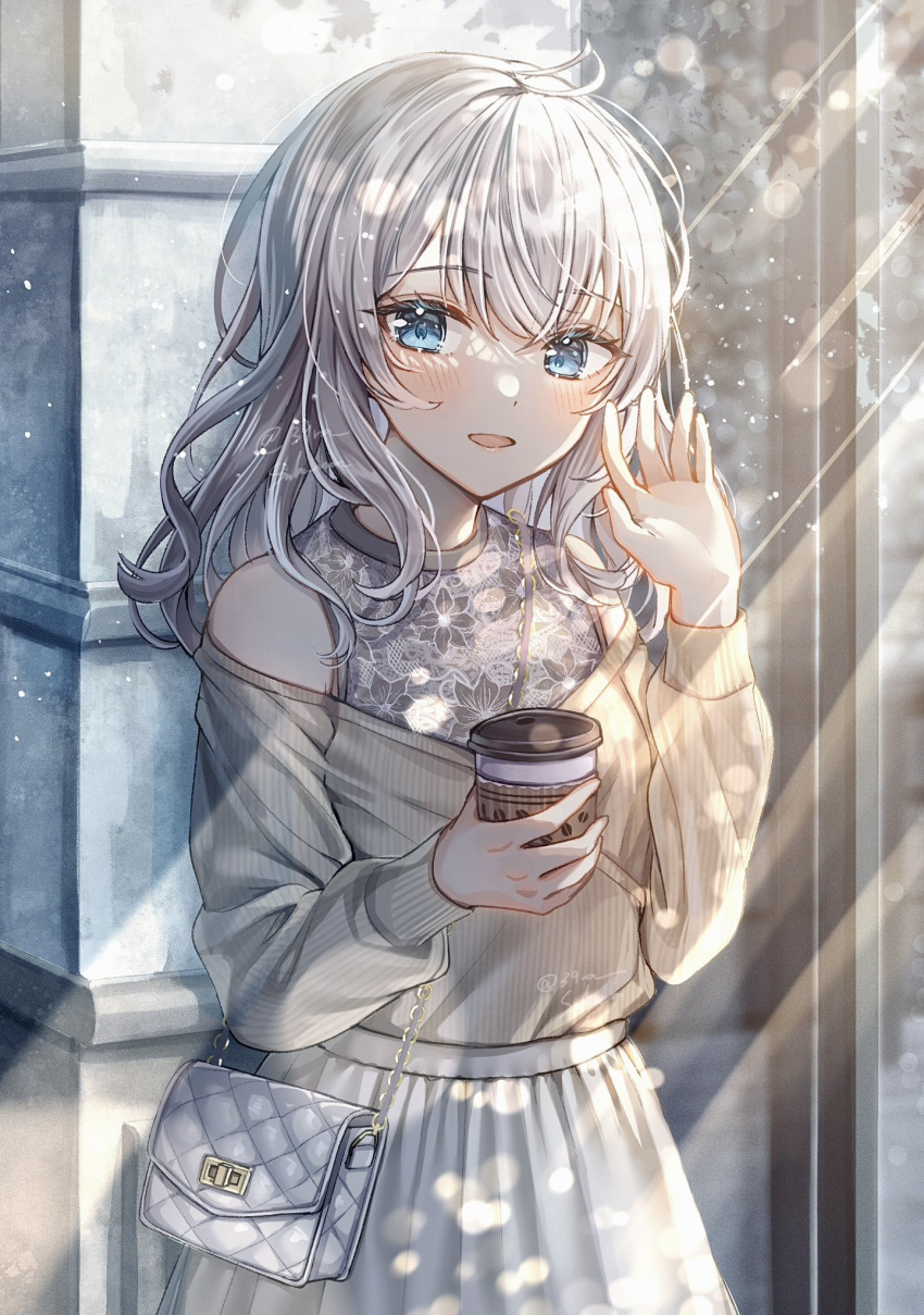 1girl bag blue_eyes blurry blush bokeh coffee_cup cowboy_shot crossed_bangs cup depth_of_field disposable_cup floral_print grey_hair hair_between_eyes hand_up handbag highres holding holding_cup light_particles light_rays looking_at_viewer off-shoulder_sweater off_shoulder parted_lips sakura_(39ra) shirt skirt sleeveless sleeveless_shirt smile solo sunbeam sunlight sweater waving