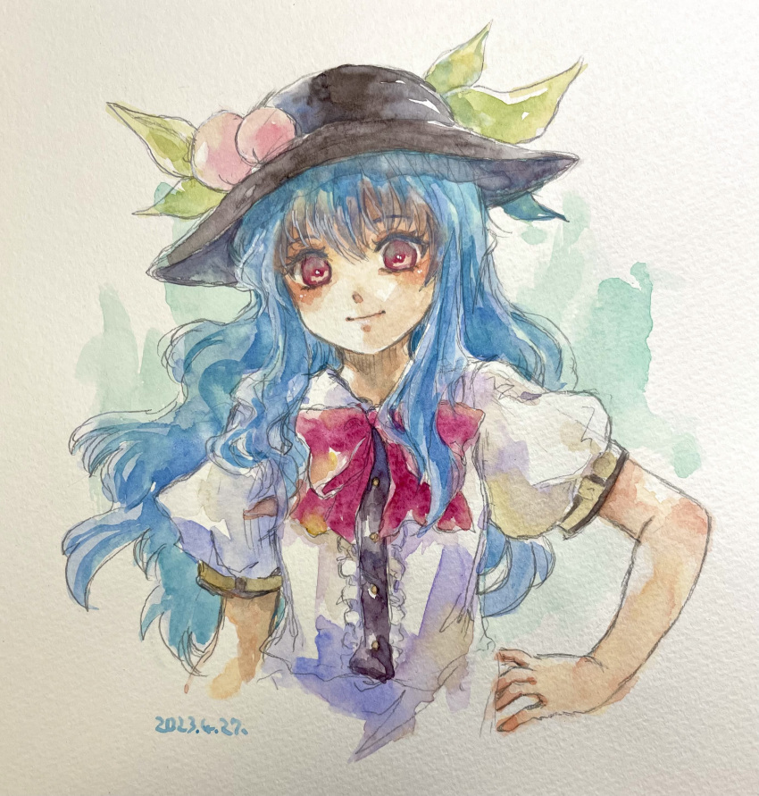 1girl absurdres blue_hair bow bowtie copyright_request dated hands_on_own_hips hat highres hinanawi_tenshi long_hair one-hour_drawing_challenge painting_(medium) puffy_short_sleeves puffy_sleeves red_bow red_eyes shiroma_(mamiko) shirt short_sleeves touhou traditional_media upper_body watercolor_(medium) white_background white_shirt