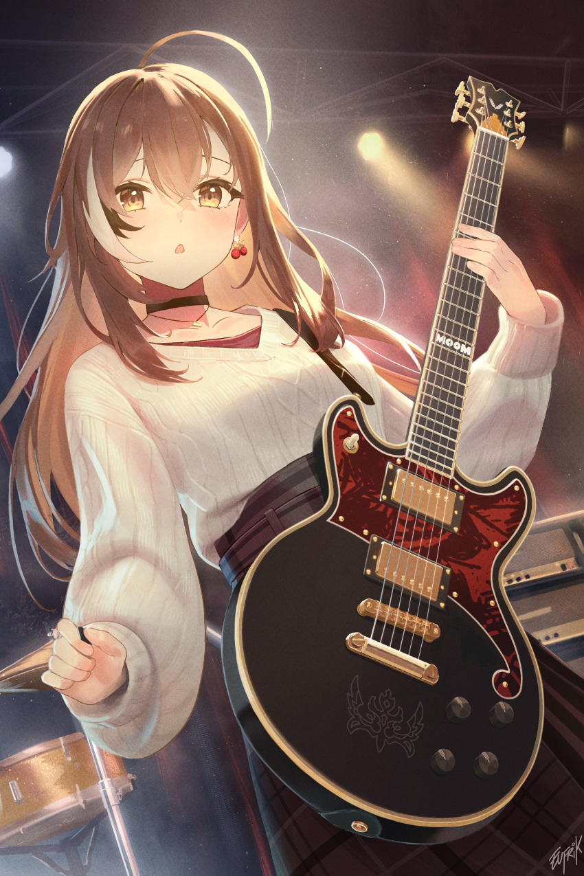 1girl absurdres ahoge belt berry black_choker brown_eyes brown_hair brown_skirt character_name choker crossed_bangs cymbals drum drum_set earrings electric_guitar eufrik food-themed_earrings guitar highres holding holding_instrument hololive hololive_english instrument jewelry long_hair long_skirt looking_at_viewer multicolored_hair music nanashi_mumei nanashi_mumei_(2nd_costume) necklace official_alternate_costume open_mouth plaid plaid_skirt playing_instrument pleated_skirt plectrum red_shirt runes shirt skirt sleeves_past_wrists speaker stage stage_lights streaked_hair sweater triangle_mouth very_long_hair virtual_youtuber white_sweater