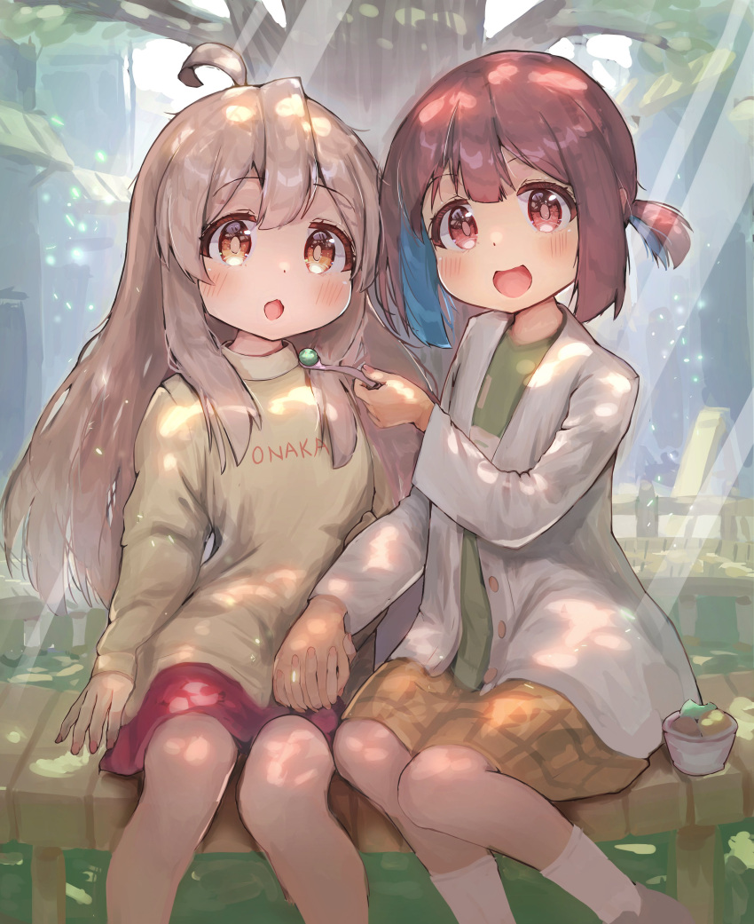 2girls absurdres ahoge blue_hair blush colored_inner_hair commentary feet_out_of_frame food green_shirt grey_hair highres holding holding_hands holding_spoon ice_cream interlocked_fingers jacket long_hair long_sleeves looking_at_viewer medium_skirt mint_chocolate multicolored_hair multiple_girls one_side_up onii-chan_wa_oshimai! open_mouth outdoors oyama_mahiro oyama_mihari pink_eyes pink_skirt plaid plaid_skirt redhead shirt short_hair sitting skirt socks spoon sweater symbol-only_commentary wasabiyoukan white_jacket white_socks yellow_eyes yellow_skirt yellow_sweater
