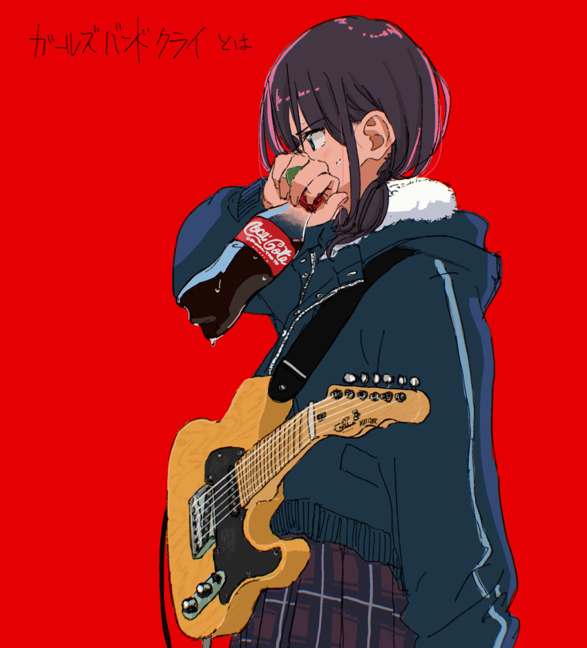 1girl blue_jacket blush bottle coca-cola electric_guitar from_side fur-trimmed_jacket fur_trim girls_band_cry green_eyes guitar highres holding holding_bottle holding_instrument holding_plectrum instrument jacket long_sleeves plaid plaid_skirt pleated_skirt plectrum purple_hair red_background skirt solo sweatdrop takekumo upper_body