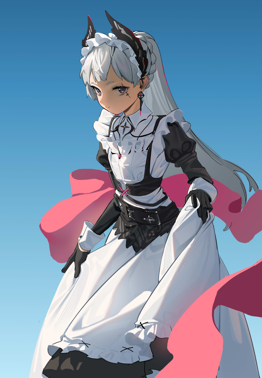 1girl absurdres apron apron_hold arknights black_dress blue_background blue_eyes closed_mouth doufu_(pixiv9093484) dress feet_out_of_frame grey_hair head_wings highres irene_(arknights) irene_(voyage_of_feathers)_(arknights) juliet_sleeves long_hair long_sleeves looking_at_viewer maid maid_headdress official_alternate_costume puffy_sleeves scar scar_across_eye scar_on_face simple_background smile solo standing very_long_hair white_apron wings