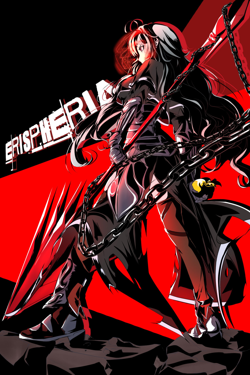 1girl absurdres angry armor chain erispheria fate_(series) fighting_stance food fruit highres holding holding_food holding_fruit holding_polearm holding_weapon lance looking_back messy_hair persona persona_5 pointy_footwear polearm red_eyes shadow thigh-highs virtual_youtuber weapon white_hair
