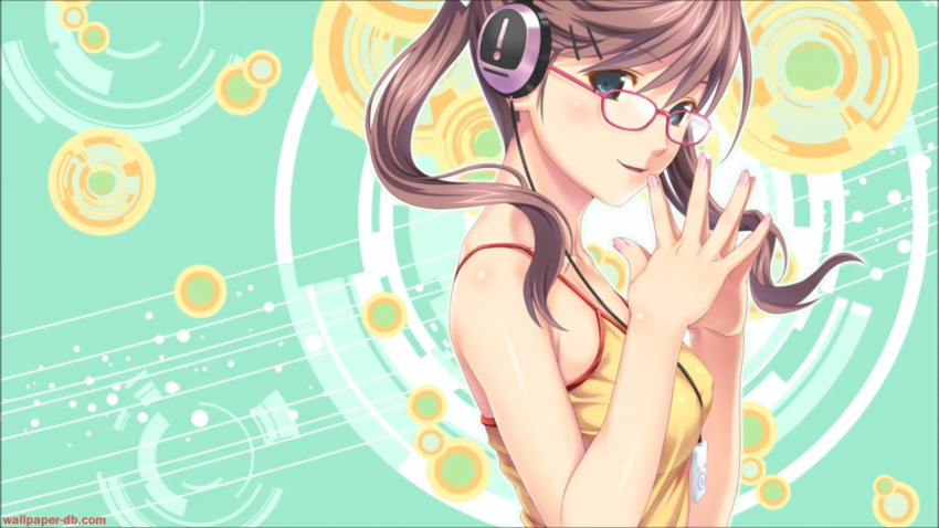 1girl artist_request bare_arms bare_shoulders blue_eyes brown_hair character_request copyright_request glasses headphones long_hair looking_at_viewer nail_polish non-web_source shirt solo source_request twintails upper_body yellow_shirt