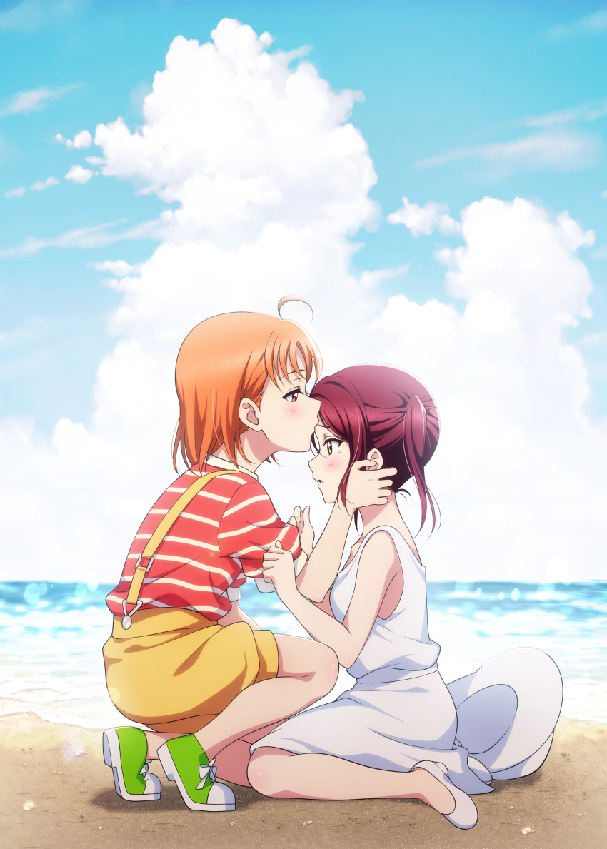 2girls absurdres aged_down ahoge beach blue_sky clothes_pull clouds day dress hand_on_another's_face hat hat_removed headwear_removed highres kiss kissing_forehead kougi_hiroshi lens_flare love_live! love_live!_sunshine!! medium_hair multiple_girls ocean on_one_knee orange_hair outdoors red_eyes redhead sakurauchi_riko shirt shirt_pull shoes shorts sitting sky sneakers suspenders t-shirt takami_chika tears twintails white_dress yellow_eyes yokozuwari yuri