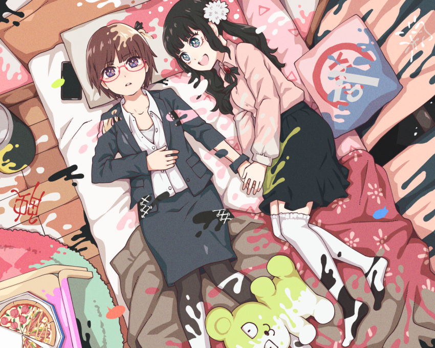 2girls :d bed black_hair blonde_hair blue_eyes brown_hair cellphone food glasses holding_hands indoors jirai_kei long_hair lying multiple_girls office_lady on_back on_side original pantyhose phone pizza short_hair smartphone smile stuffed_animal stuffed_toy teddy_bear thigh-highs twintails white_thighhighs yajirushi_(chanoma) yes-no_pillow