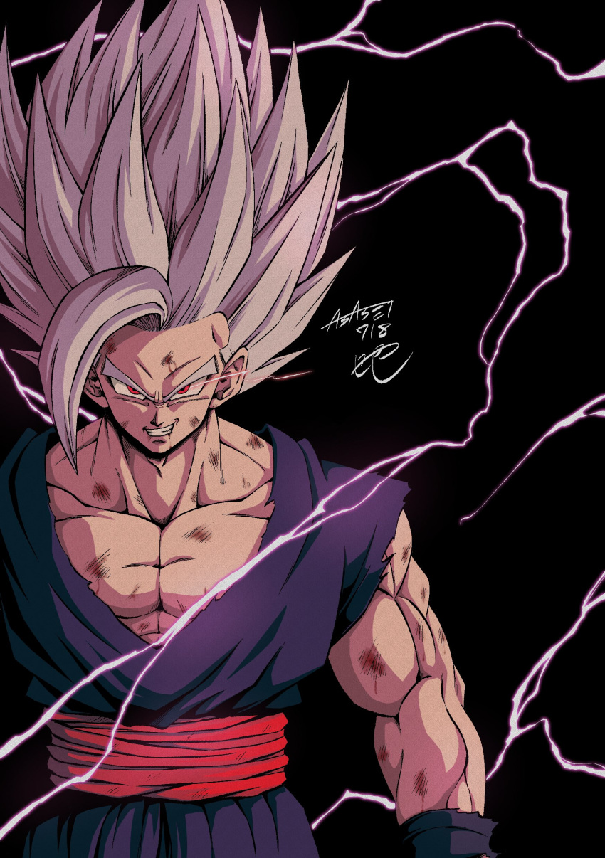 1boy absurdres artist_name biceps black_background collarbone commentary_request dougi dragon_ball dragon_ball_super dragon_ball_super_super_hero electricity energy evil_grin evil_smile gohan_beast grey_hair grin highres looking_at_viewer male_focus muscular muscular_male pectorals red_eyes red_sash sash scratches seya_(asasei_718) signature simple_background smile solo son_gohan spiky_hair teeth torn_clothes upper_body v-shaped_eyebrows