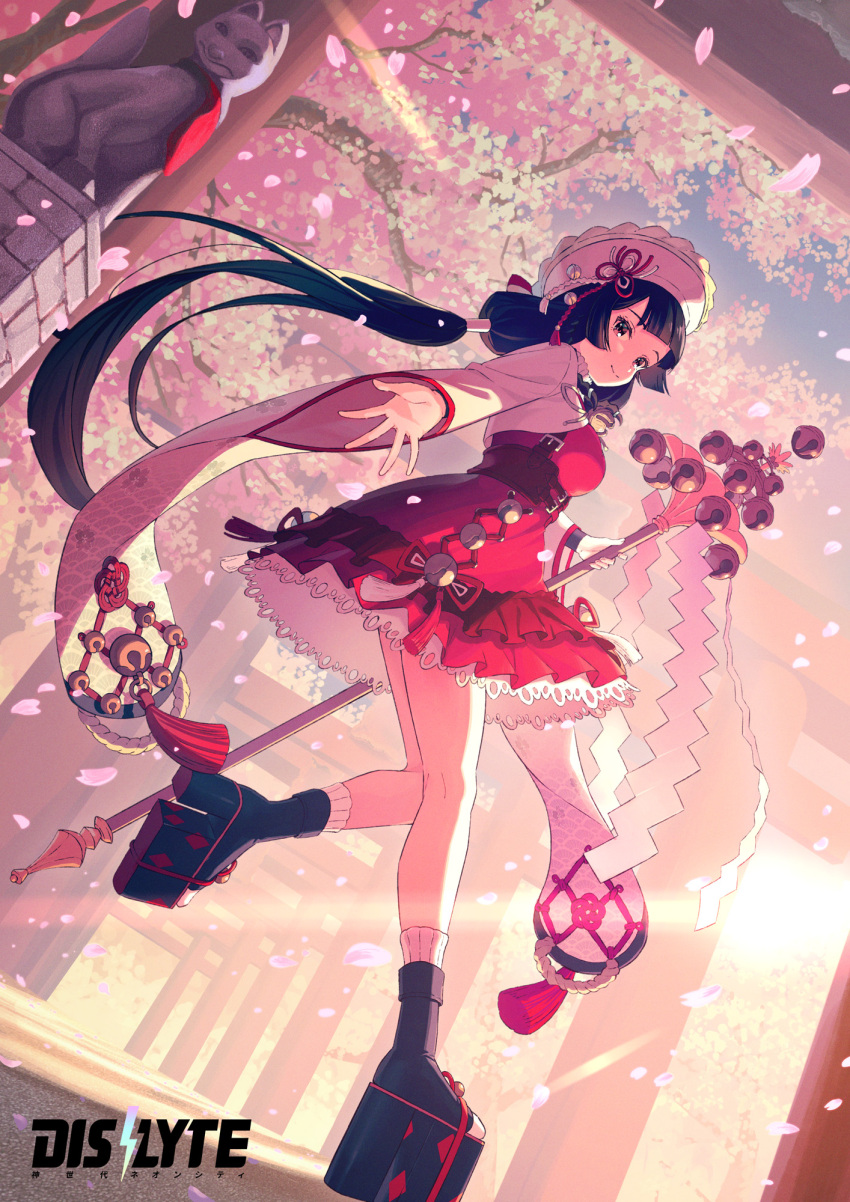 bare_legs bell black_hair black_socks blunt_bangs cherry_blossoms chinese_knot copyright_name dislyte dress falling_petals frilled_dress frills gohei highres holding holding_gohei koh_rd koharu_(dislyte) lace-trimmed_dress lace_trim leg_up long_hair looking_at_viewer low_twintails neck_bell nontraditional_miko okobo outstretched_arm petals reaching_towards_viewer red_dress smile socks tassel twintails very_long_hair very_long_sleeves