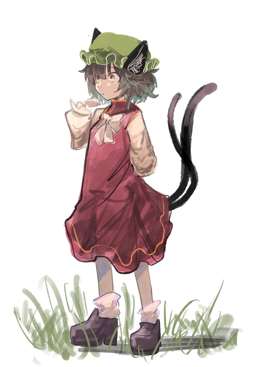 1girl 9302w_(user_wjpg8475) animal_ears arm_behind_back black_footwear bow bowtie brown_eyes brown_hair cat_ears cat_tail chen closed_mouth dress flat_chest full_body grass green_headwear hand_up hat highres long_sleeves looking_at_viewer looking_to_the_side mob_cap multiple_tails nekomata outdoors puffy_long_sleeves puffy_sleeves red_dress short_hair simple_background socks solo standing tail touhou two_tails white_background white_bow white_bowtie white_socks