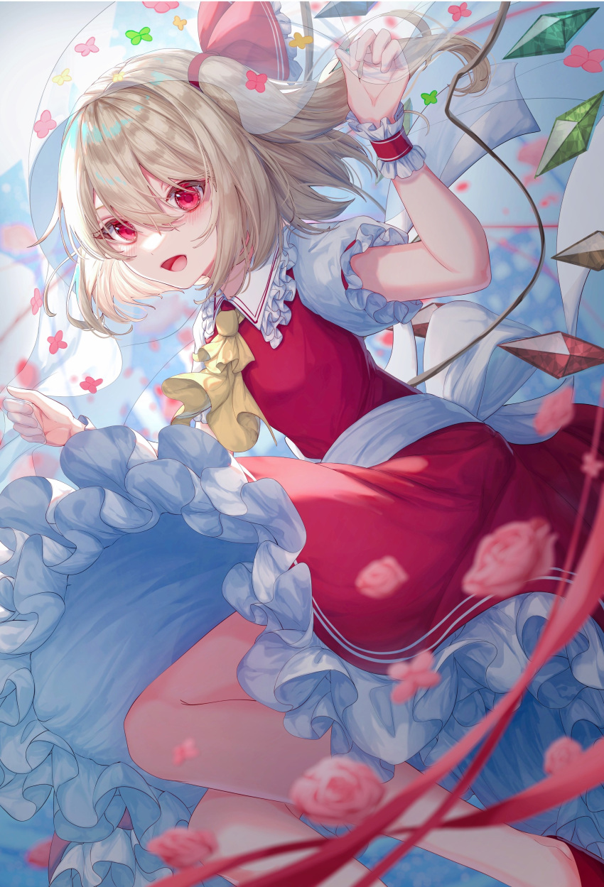 1girl :d absurdres ascot blonde_hair blurry blush depth_of_field dress dutch_angle feet_out_of_frame flandre_scarlet flat_chest hair_between_eyes happy highres medium_hair no_headwear one_side_up open_mouth petticoat pink_eyes puffy_short_sleeves puffy_sleeves red_dress see-through short_sleeves smile solo toku_kekakewanko touhou veil yellow_ascot