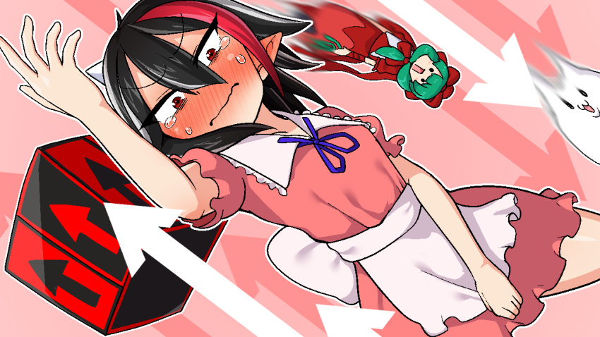 2girls 3: alternate_costume apron arm_up arms_at_sides arrow_(symbol) back_bow black_hair blue_ribbon blush blush_stickers bow closed_mouth collared_dress comwoooo covering covering_crotch cowboy_shot d: dice dress dress_tug dutch_angle ear_blush embarrassed frilled_apron frilled_shirt_collar frills from_below front_ponytail full-face_blush furrowed_brow green_hair hair_between_eyes hair_bow horns jaggy_lines kagiyama_hina kijin_seija large_bow long_bangs long_hair looking_at_viewer motion_blur multicolored_hair multiple_girls narrowed_eyes neck_ribbon no_nose open_mouth outline pink_background pink_dress pointy_ears puffy_short_sleeves puffy_sleeves red_bow red_eyes ribbon short_dress short_hair short_sleeves solid_circle_eyes streaked_hair tearing_up tears touhou tsurime upside-down v-shaped_eyebrows waist_apron wavy_mouth white_apron white_bow white_horns white_outline wide-eyed wing_collar