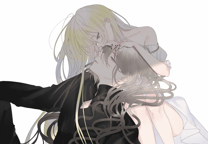 1boy 1girl absurdres age_difference bare_shoulders bishounen black_nails black_robe blonde_hair couple dress grey_eyes grey_hair hair_between_eyes hands_on_another's_head hetero highres long_hair looking_at_another msa_(fary_white) off-shoulder_dress off_shoulder original parted_lips robe simple_background sitting slit_pupils very_long_hair wavy_hair white_background white_dress