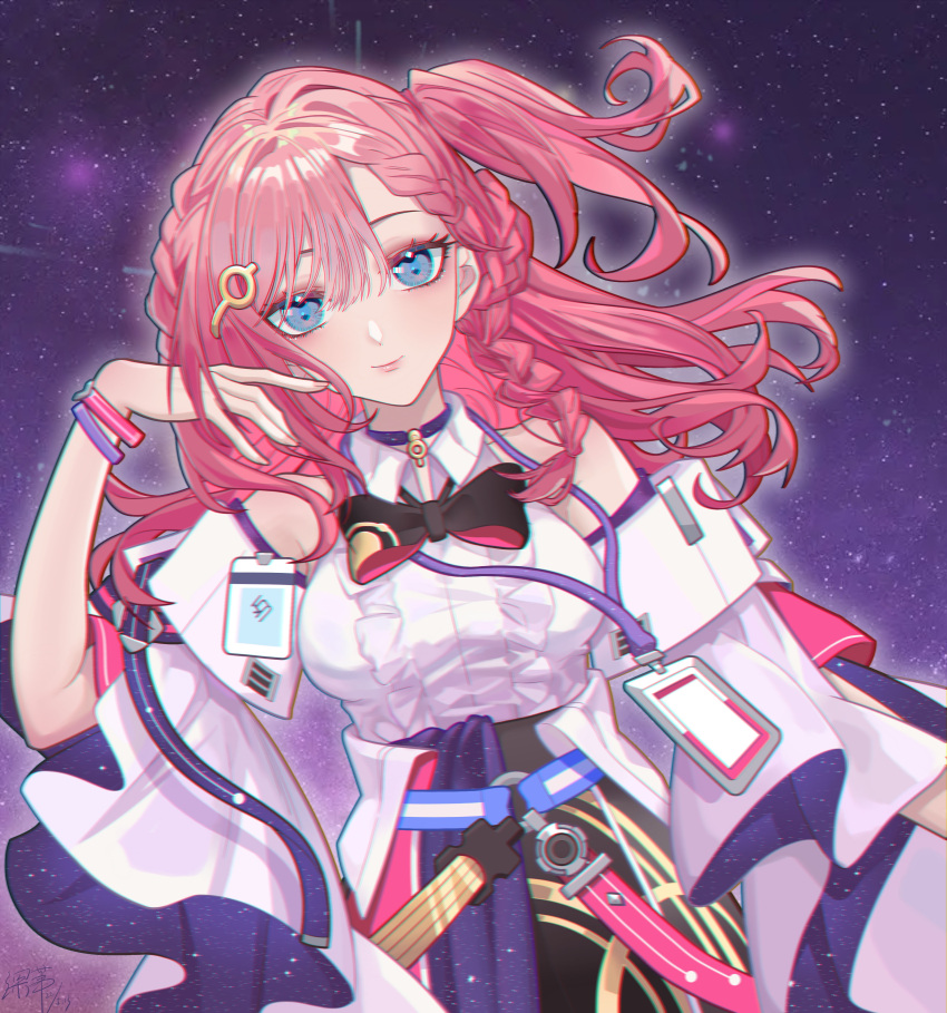 1girl 6905266 absurdres asta_(honkai:_star_rail) black_skirt blue_eyes braid closed_mouth detached_sleeves half_updo highres honkai:_star_rail honkai_(series) lanyard long_sleeves looking_at_viewer pink_hair shirt side_ponytail skirt sky smile solo star_(sky) starry_sky white_shirt