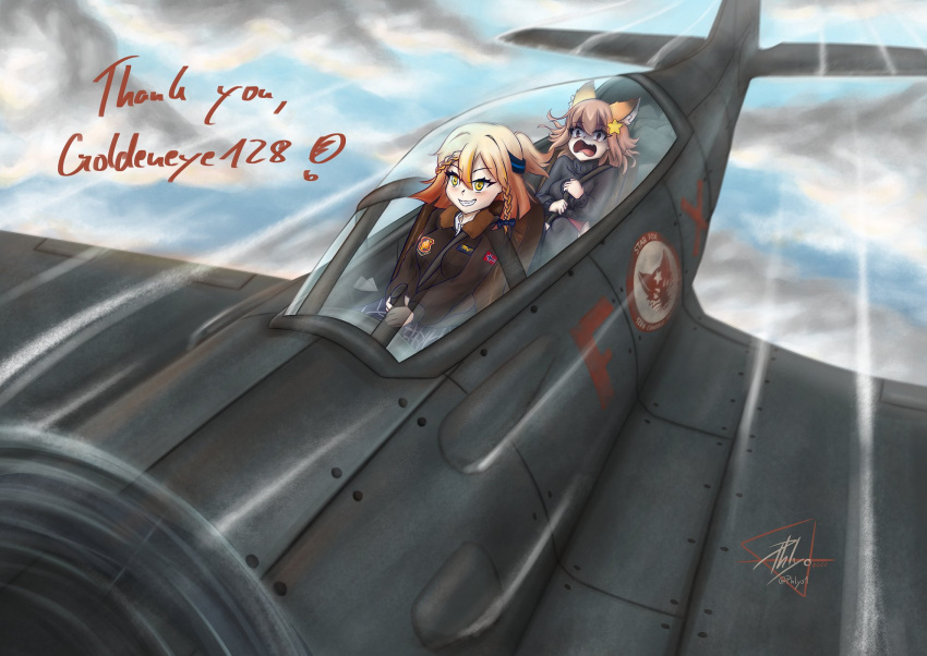 ! 2girls aircraft airplane animal_ears annytf blonde_hair blue_sky brown_hair clouds cloudy_sky controller day english_text flying fox fox_ears fox_girl fox_tail hair_ornament highres holding holding_controller indie_virtual_youtuber multiple_girls open_mouth outdoors phlyo pilot scared seatbelt sky smile star_(symbol) star_hair_ornament tail upside-down vehicle_focus virtual_youtuber wind yellow_eyes
