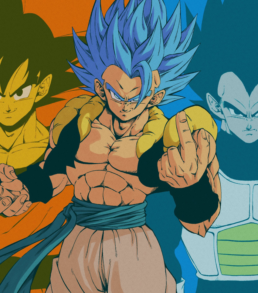 3boys abs armor baggy_pants biceps black_hair black_wristband blue_background blue_eyes blue_hair blue_sash closed_mouth collarbone commentary_request dragon_ball dragon_ball_super frown gogeta hands_up highres index_finger_raised looking_at_viewer male_focus metamoran_vest multiple_boys muscular muscular_male open_clothes open_vest orange_background pants pectorals saiyan_armor sash serious seya_(asasei_718) simple_background smile smirk son_goku spiky_hair super_saiyan super_saiyan_blue two-tone_background v-shaped_eyebrows vegeta vest white_pants widow's_peak wristband