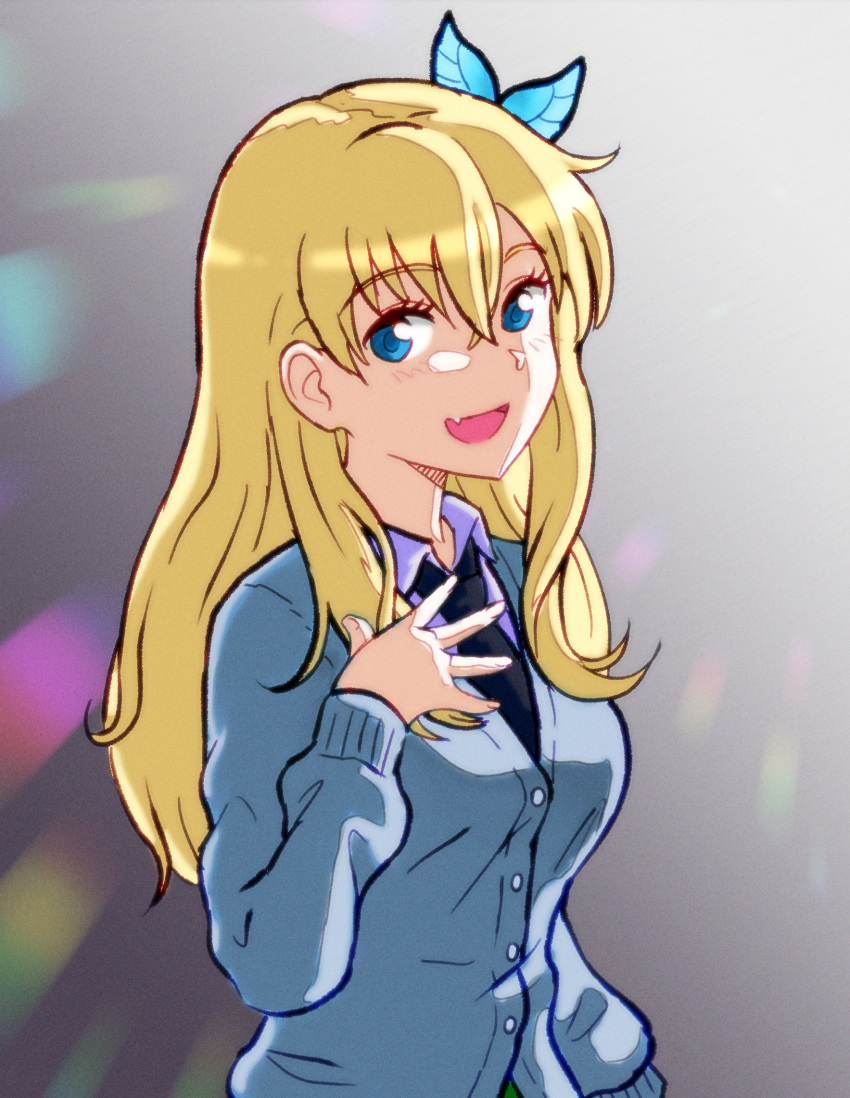 1girl :d black_necktie blonde_hair blue_eyes blue_pupils boku_wa_tomodachi_ga_sukunai breasts butterfly_hair_ornament buttons cardigan collared_shirt crossed_bangs eyelashes fang grey_cardigan hair_between_eyes hair_ornament hand_on_own_chest highres kashiwazaki_sena long_hair long_sleeves medium_breasts necktie open_mouth puffy_long_sleeves puffy_sleeves purple_shirt school_uniform shirt smile solo st._chronica_academy_school_uniform zawabug