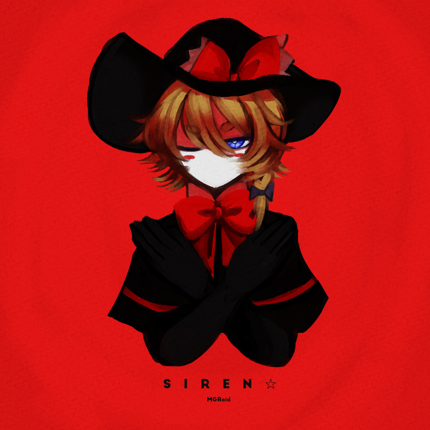 1girl album_cover_redraw black_bow black_capelet black_gloves black_headwear blonde_hair blue_eyes blush_stickers bow bowtie capelet commentary_request cookie_(touhou) cropped_torso derivative_work elbow_gloves gloves hair_between_eyes hair_bow hat highres kirisame_marisa long_bangs looking_at_viewer lsnsn meguru_(cookie) no_mouth one_eye_closed red_background red_bow red_bowtie short_hair simple_background siren_(hirasawa_susumu) solo star_(symbol) thick_eyebrows touhou upper_body witch_hat x_arms