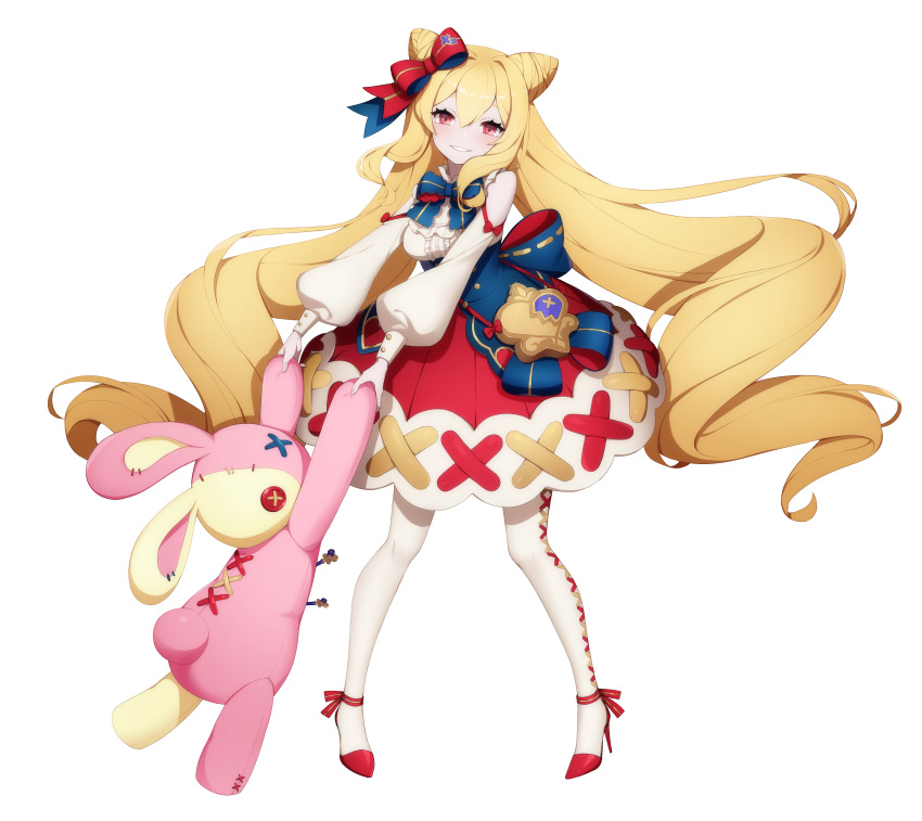 1girl absurdres blonde_hair blue_bow blush bow bowtie button_eyes clothing_cutout cross-laced_clothes eversoul game_cg garnet_(eversoul) grin hair_between_eyes hair_bow high_heels highres holding holding_stuffed_toy long_hair looking_at_viewer official_art red_bow red_eyes red_footwear red_skirt shirt shoulder_cutout skirt smile socks solo standing stiletto_heels stitches stuffed_animal stuffed_rabbit stuffed_toy tachi-e thigh-highs third-party_source transparent_background twintails very_long_hair white_shirt white_socks