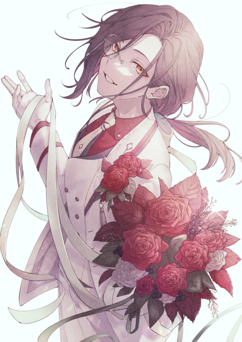 1boy black_hair bouquet boutonniere buttons collared_shirt cowboy_shot double-breasted flower fujikawa_ua gloves hair_ribbon highres holding holding_bouquet holding_ribbon jacket lapels leaf long_hair long_sleeves looking_at_viewer low_ponytail male_focus monocle necktie nijisanji official_alternate_costume open_clothes open_jacket pants parted_lips red_flower red_rose red_shirt ribbon rose shawl_lapels shellin_burgundy shirt simple_background solo swept_bangs tie_clip vest virtual_youtuber white_background white_flower white_gloves white_jacket white_necktie white_pants white_ribbon white_rose white_vest yellow_eyes