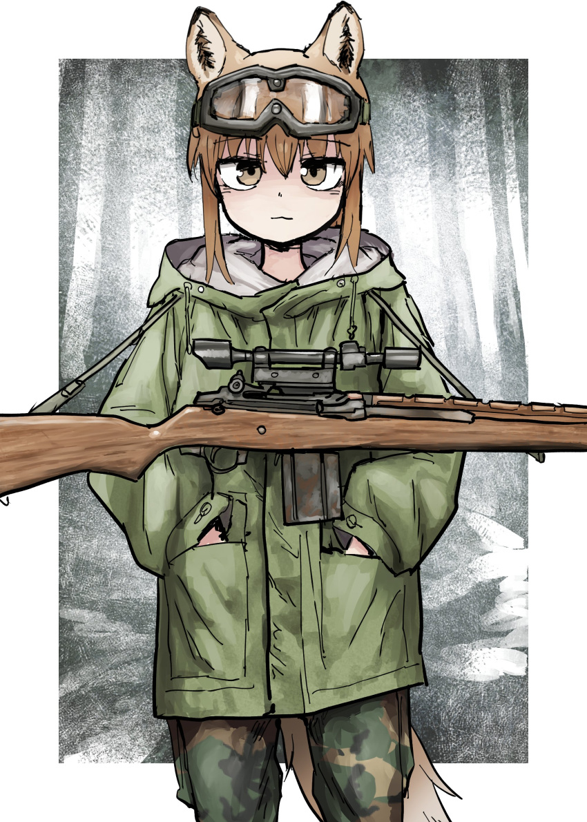 1girl absurdres animal_ear_fluff animal_ears brown_eyes brown_hair camouflage camouflage_pants closed_mouth commentary_request goggles goggles_on_head green_jacket green_pants gun hair_between_eyes hands_in_pockets highres hood hood_down hooded_jacket jacket long_sleeves looking_at_viewer m14 original pants puffy_long_sleeves puffy_sleeves rifle scope sidelocks solo standing tail weapon yihan_world