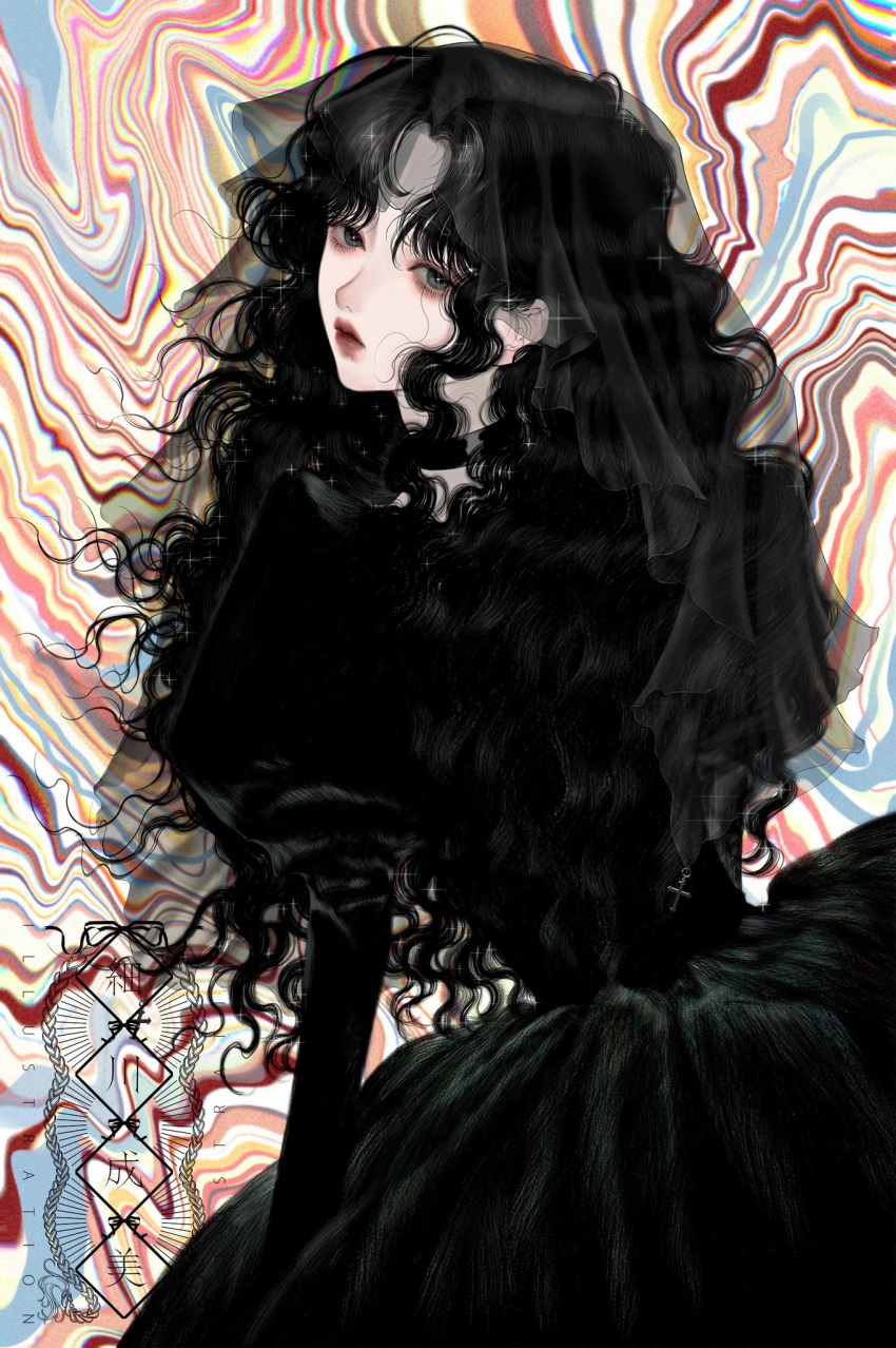 1girl black_choker black_hair choker cross dress from_behind grey_eyes highres juliet_sleeves long_dress long_hair long_sleeves looking_at_viewer looking_back narumi_hosokawa original puffy_sleeves red_lips signature solo sparkle swept_bangs upper_body veil wavy_hair