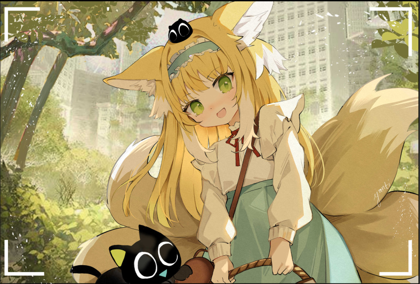 1girl absurdres animal_ear_fluff animal_ears aqua_hairband aqua_skirt arknights artist_name bag basket black_cat blonde_hair brown_bag cardigan cat commentary cowboy_shot crossover english_commentary fox_ears fox_girl fox_tail frilled_hairband frills green_eyes hair_ornament hairband heixiu high-waist_skirt highres holding holding_basket kitsune kyuubi leaning_to_the_side long_hair long_sleeves luo_xiaohei luo_xiaohei_zhanji multicolored_hair multiple_tails neck_ribbon official_alternate_costume on_head open_cardigan open_clothes open_mouth outdoors puffy_long_sleeves puffy_sleeves red_ribbon ribbon shirt shoulder_bag skirt sleeve_cuffs solo suzuran_(arknights) suzuran_(spring_praise)_(arknights) tail two-tone_hair viewfinder white_cardigan white_hair white_shirt yanti