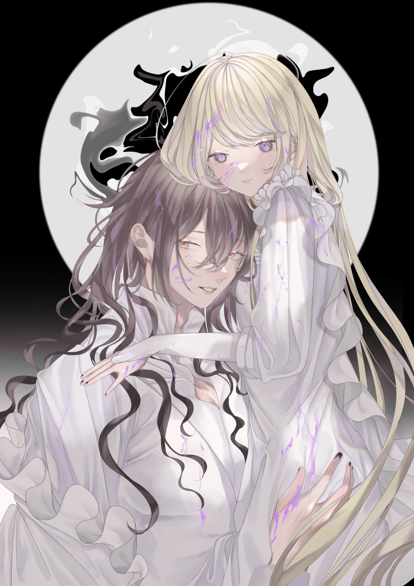 1boy 1girl absurdres age_difference bishounen black_nails blonde_hair bridal_gauntlets circle couple dress gloves grey_eyes grey_hair hair_between_eyes hetero highres hug long_hair looking_at_viewer msa_(fary_white) original paint_stains parted_lips red_pupils robe slit_pupils smile two-tone_background upper_body very_long_hair violet_eyes wavy_hair white_dress white_gloves white_robe