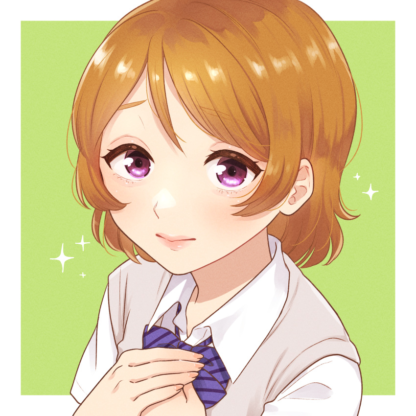 1girl blue_bow blue_bowtie border bow bowtie brown_hair closed_mouth collared_shirt commentary diagonal-striped_bowtie fingernails green_background grey_sweater_vest hands_on_own_chest hands_up highres koizumi_hanayo lips looking_at_viewer love_live! love_live!_school_idol_project mogggggge otonokizaka_school_uniform outside_border own_hands_together portrait school_uniform shirt short_hair short_sleeves simple_background solo sparkle sweater_vest swept_bangs violet_eyes white_border white_shirt