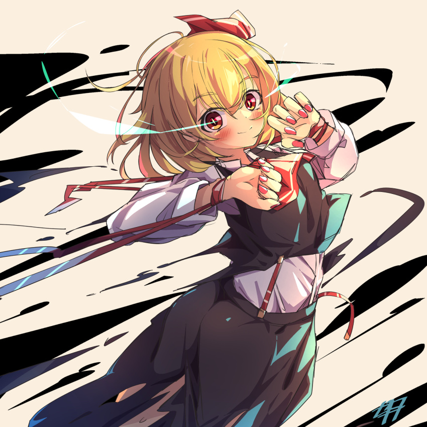 1girl ascot black_skirt black_vest blonde_hair blush closed_mouth collared_shirt cowboy_shot from_side hair_between_eyes highres long_sleeves looking_at_viewer medium_hair nail_polish red_ascot red_eyes red_nails red_ribbon ribbon rumia shirt simple_background skirt skirt_set smile solo touhou vest white_shirt woruta_(soloistlist)