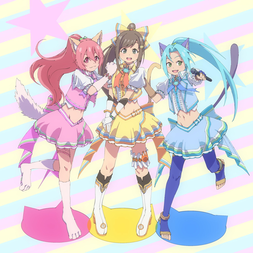 3girls absurdres alternate_costume animal_ears animal_hands blue_hair cat_ears cat_tail closed_mouth full_body gloves green_eyes highres jewelry kaien_advance long_hair looking_at_viewer meracle_chamlotte midriff multiple_girls navel open_mouth perisie_(star_ocean) pink_hair ponytail saionji_reimi smile star_ocean star_ocean_first_departure star_ocean_the_last_hope tail thigh-highs toes