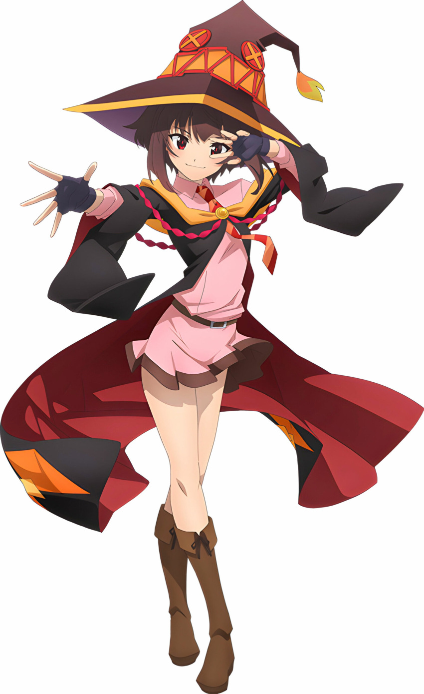 1girl absurdres artist_request belt belt_buckle black_cloak black_gloves black_headwear blush boots breasts brown_belt brown_footwear brown_hair buckle cape cloak closed_mouth crossed_legs dress fingerless_gloves floating_clothes full_body gloves hands_up hat head_tilt highres knee_boots kono_subarashii_sekai_ni_bakuen_wo! kono_subarashii_sekai_ni_shukufuku_wo! long_sleeves looking_at_viewer megumin off_shoulder official_art outstretched_arm pink_dress promotional_art reaching_towards_viewer red_cloak red_eyes red_pupils school_uniform short_dress short_hair short_hair_with_long_locks simple_background small_breasts smile solo standing tachi-e third-party_source two-sided_fabric two-tone_cloak v_over_eye white_background wide_sleeves witch_hat