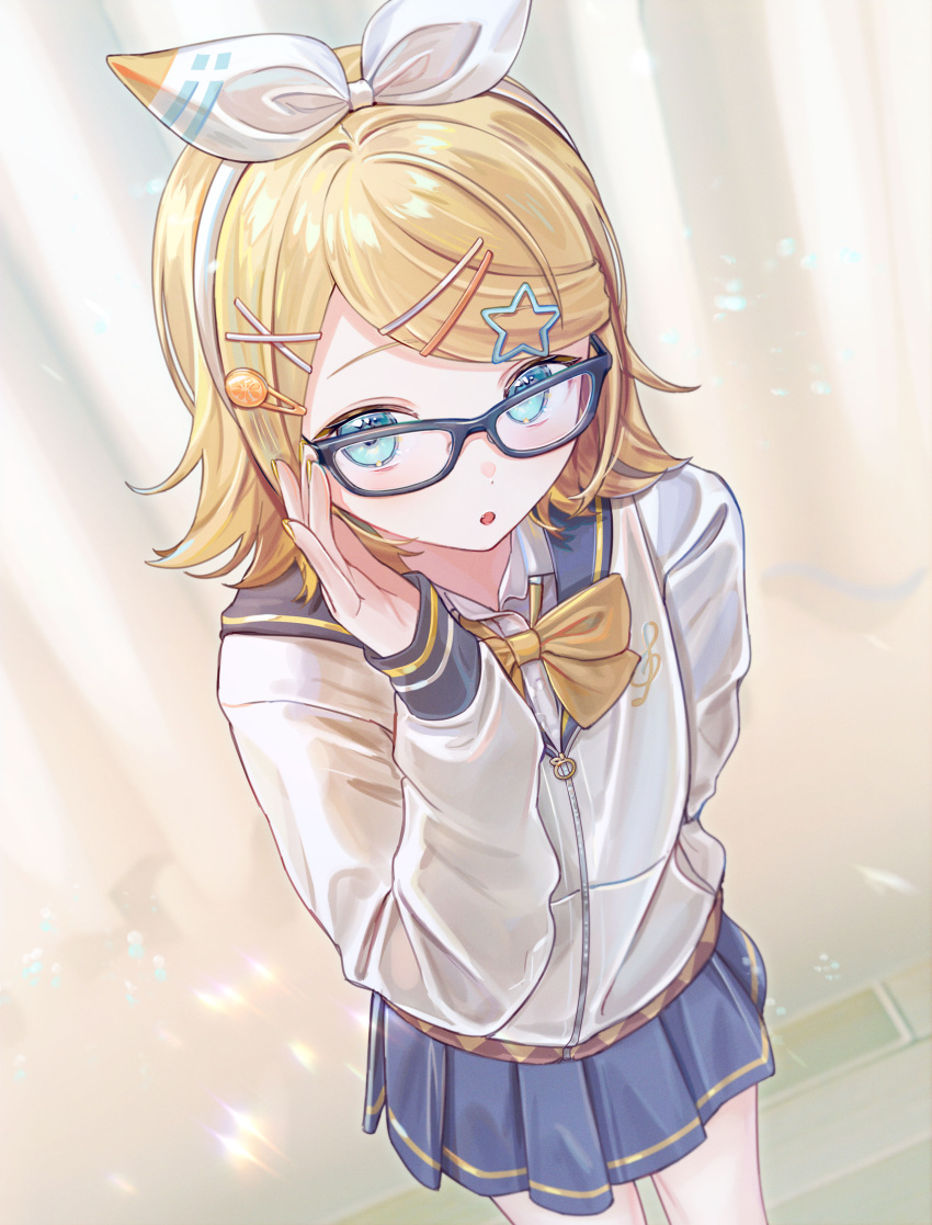 1girl absurdres adjusting_eyewear aqua_eyes blonde_hair bow bowtie collared_shirt commentary cowboy_shot glasses grey-framed_eyewear grey_skirt hair_bow hair_ornament hairband hairclip highres indoors jacket kagamine_rin light_blush long_sleeves looking_at_viewer loose_bowtie parted_lips pleated_skirt sailor_collar shirt short_hair skirt solo star_(symbol) star_hair_ornament swept_bangs symbol-only_commentary vocaloid vs0mr white_bow white_hairband white_jacket white_shirt yellow_bow yellow_bowtie yellow_nails