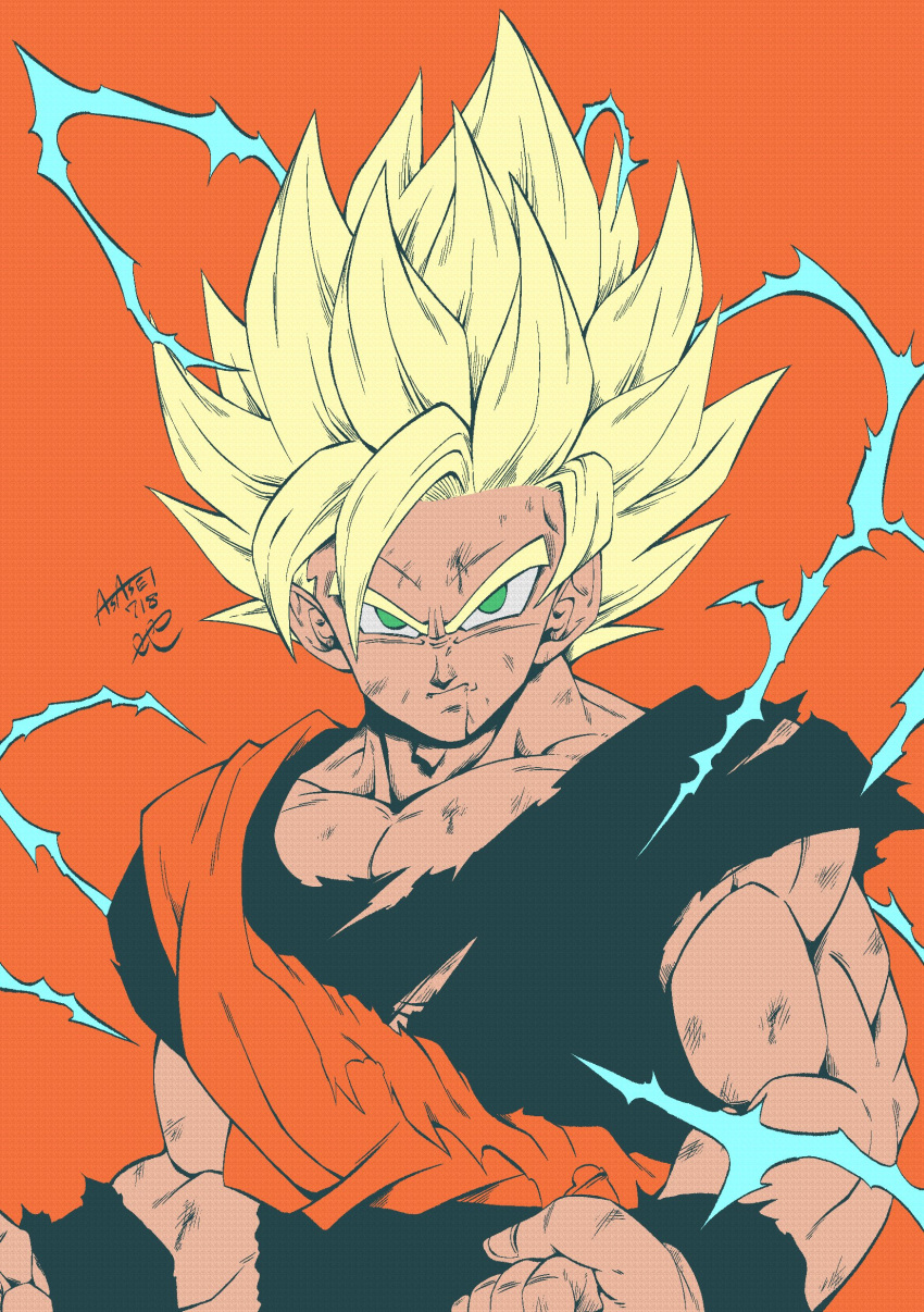 1boy absurdres artist_name biceps black_sash black_shirt black_wristband blonde_hair clenched_hands closed_mouth collarbone commentary_request dougi dragon_ball dragon_ball_z electricity energy green_eyes highres looking_at_viewer male_focus muscular muscular_male orange_background pectorals sash scratches serious seya_(asasei_718) shirt short_sleeves signature simple_background solo son_goku spiky_hair super_saiyan super_saiyan_2 torn_clothes torn_shirt upper_body v-shaped_eyebrows wristband