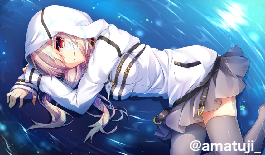 1girl 9-nine- amatsuji arm_support backlighting belt black_belt blonde_hair breasts commentary_request eyelashes facial_tattoo feet_out_of_frame ghost_(9-nine-) glowing_tattoo grey_skirt grey_thighhighs hair_over_one_eye hair_spread_out head_on_arm highres hood hood_up hoodie light_particles long_hair looking_at_viewer lying medium_breasts miniskirt on_side partial_commentary partially_submerged pleated_skirt red_eyes ripples skindentation skirt sleeveless sleeves_past_wrists smile smirk solo tattoo teeth thigh-highs thighs water white_hoodie zettai_ryouiki
