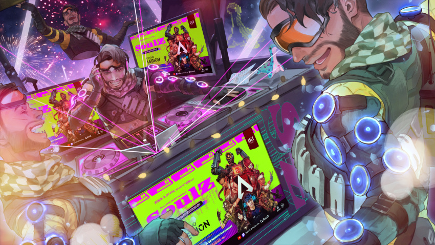 3boys absurdres apex_legends bloodhound_(apex_legends) bossan_3310 brown_hair checkered_clothes checkered_scarf clone dj euriece facial_hair fireworks glowing goatee goggles goggles_on_head green_scarf highres hologram lens_flare lifeline_(apex_legends) loba_(apex_legends) male_focus mirage_(apex_legends) monitor multiple_boys night night_sky open_mouth parted_lips pathfinder_(apex_legends) real_life revenant_(apex_legends) scarf scarz screen sky smile stuffed_toy turntable wraith_(apex_legends)