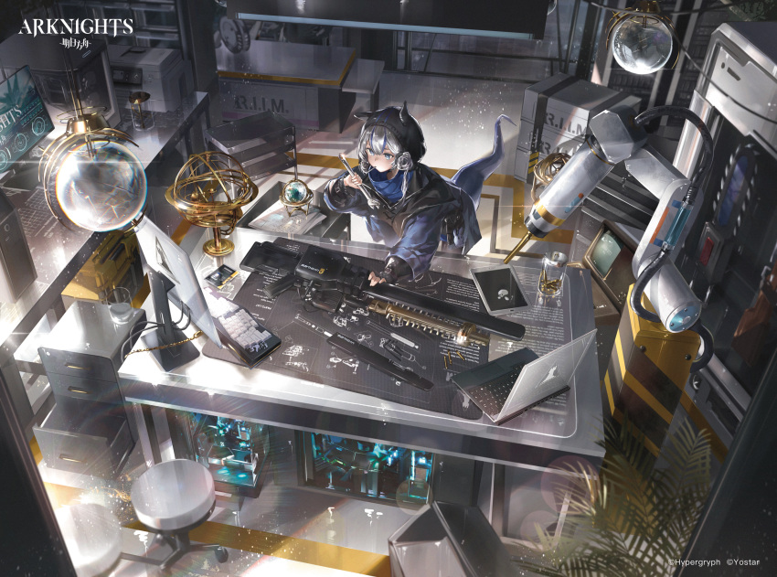 1girl adjustable_wrench arknights blue_eyes blue_hair blue_jacket box candy computer detached_hood food food_in_mouth from_above glaucus_(arknights) grey_hair gun highres holding holding_wrench hood hood_up indoors jacket keyboard_(computer) laptop lollipop monitor multicolored_hair revision scenery science_fiction slug_girl solo stool streaked_hair table weapon wrench zeklewa