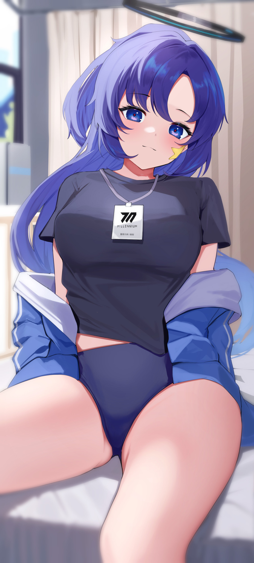 1girl absurdres ass_visible_through_thighs black_shirt blue_archive blue_buruma blue_eyes blue_jacket blurry blurry_background blush breasts buruma closed_mouth commentary_request curtains eyelashes halo head_tilt highres hitachi_sou indoors jacket large_breasts long_hair looking_at_viewer off_shoulder on_bed open_clothes open_jacket paid_reward_available parted_bangs purple_hair red_pupils shirt short_sleeves sitting smile solo sportswear star_sticker thighs very_long_hair yuuka_(blue_archive) yuuka_(gym_uniform)_(blue_archive)