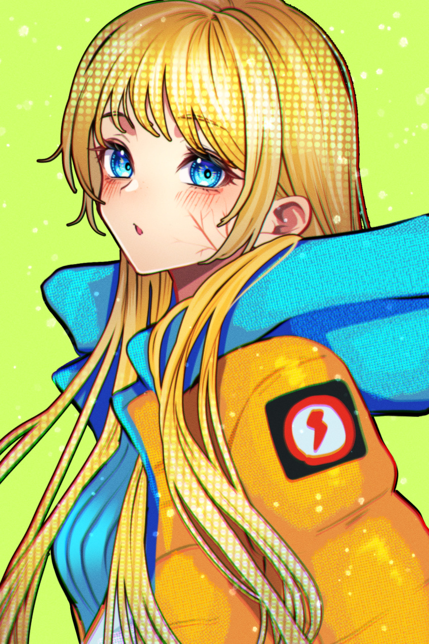 1girl :o animification apex_legends blue_bodysuit blue_eyes blush bodysuit breasts commentary from_side green_background hair_behind_ear highres hood hood_down hooded_jacket jacket lightning_bolt_symbol long_hair looking_at_viewer open_mouth orange_jacket ribbed_bodysuit small_breasts solo torakichi_(torakichi_neko) wattson_(apex_legends)