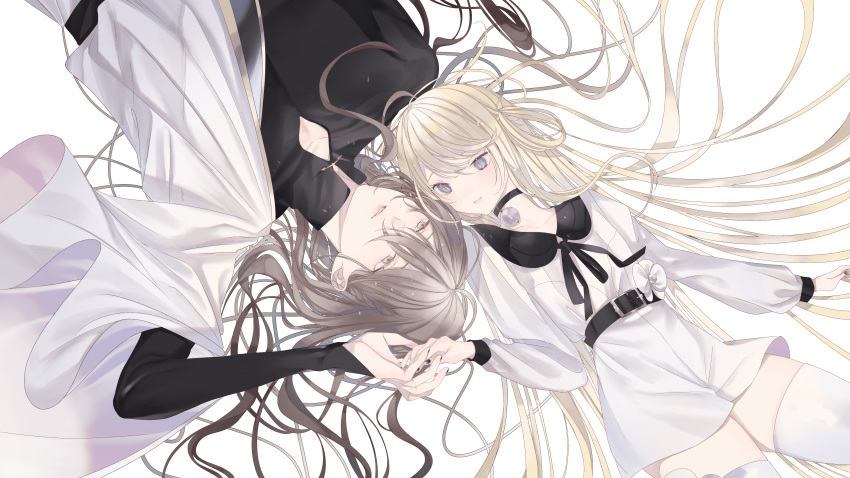 1boy 1girl absurdly_long_hair absurdres age_difference belt bishounen black_choker black_nails black_ribbon black_shirt blonde_hair brooch choker collared_dress couple dress eye_contact grey_eyes grey_hair hetero highres holding_hands jewelry long_hair long_sleeves looking_at_another lying msa_(fary_white) nail_polish neck_ribbon off_shoulder on_back original parted_lips ribbon robe shirt simple_background slit_pupils smile thigh-highs very_long_hair white_background white_dress white_robe white_thighhighs